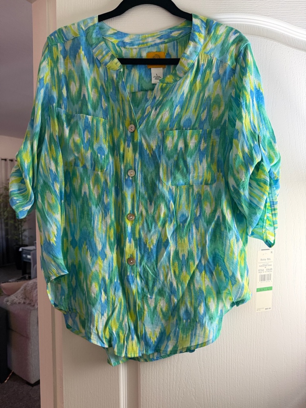 Ruby Rd. Blue Green Yellow Print Top